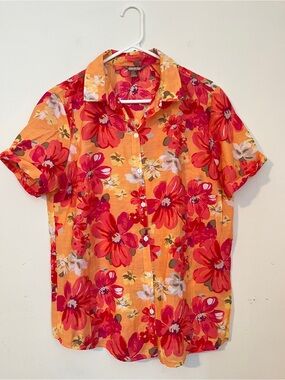 White Stag Women’s Short-Sleeve Floral Blouse L/G Button-Down in Orange & Red